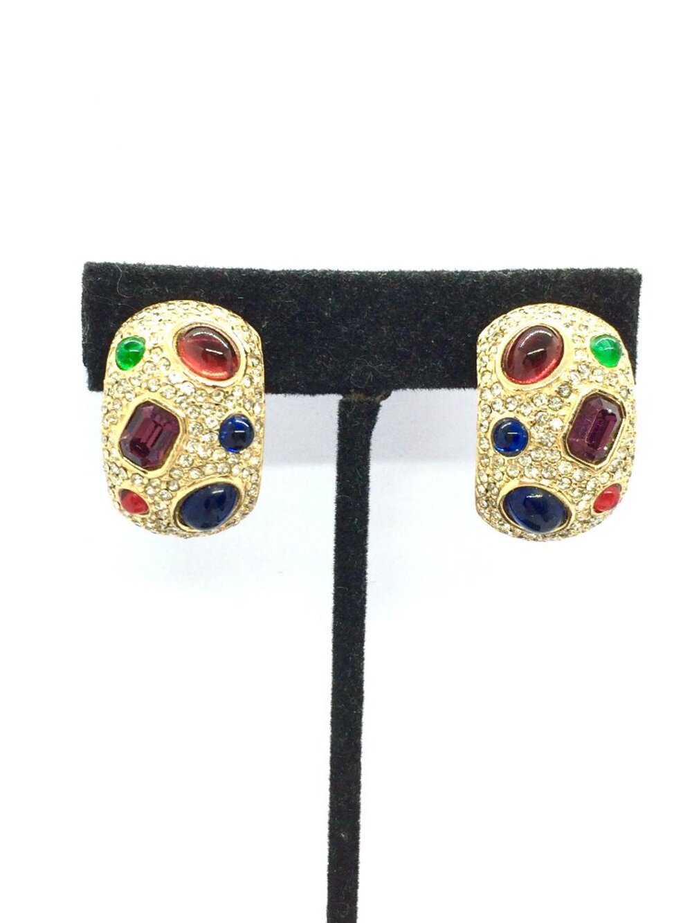 VINTAGE CINER EARRINGS Multicolor Cabochon Rhinestone Gold Tone Clip On Signed